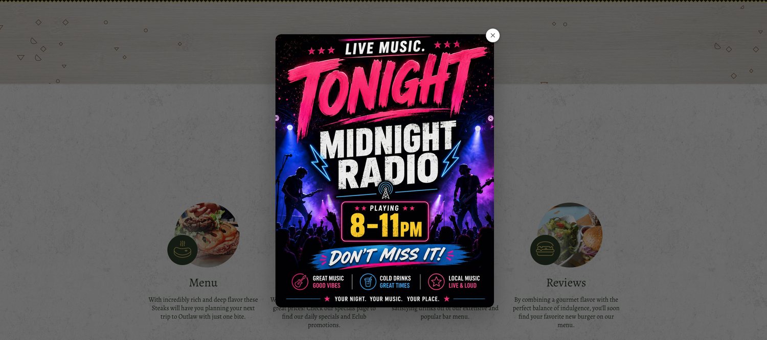 The same live music popup on a desktop website