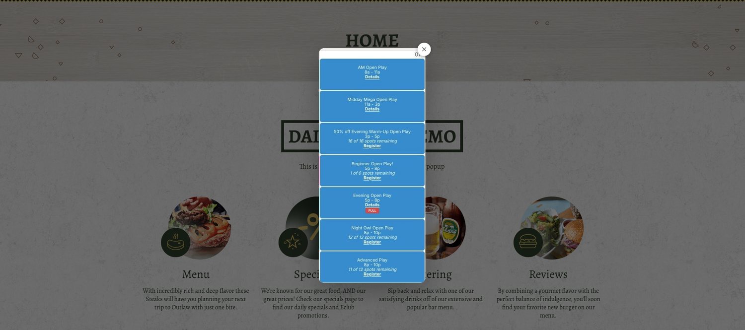 Daily schedule popup on a desktop website