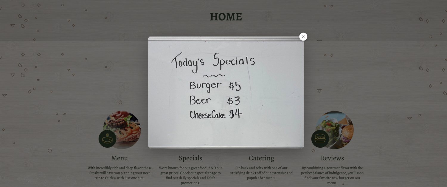 Daily specials popup on a desktop website